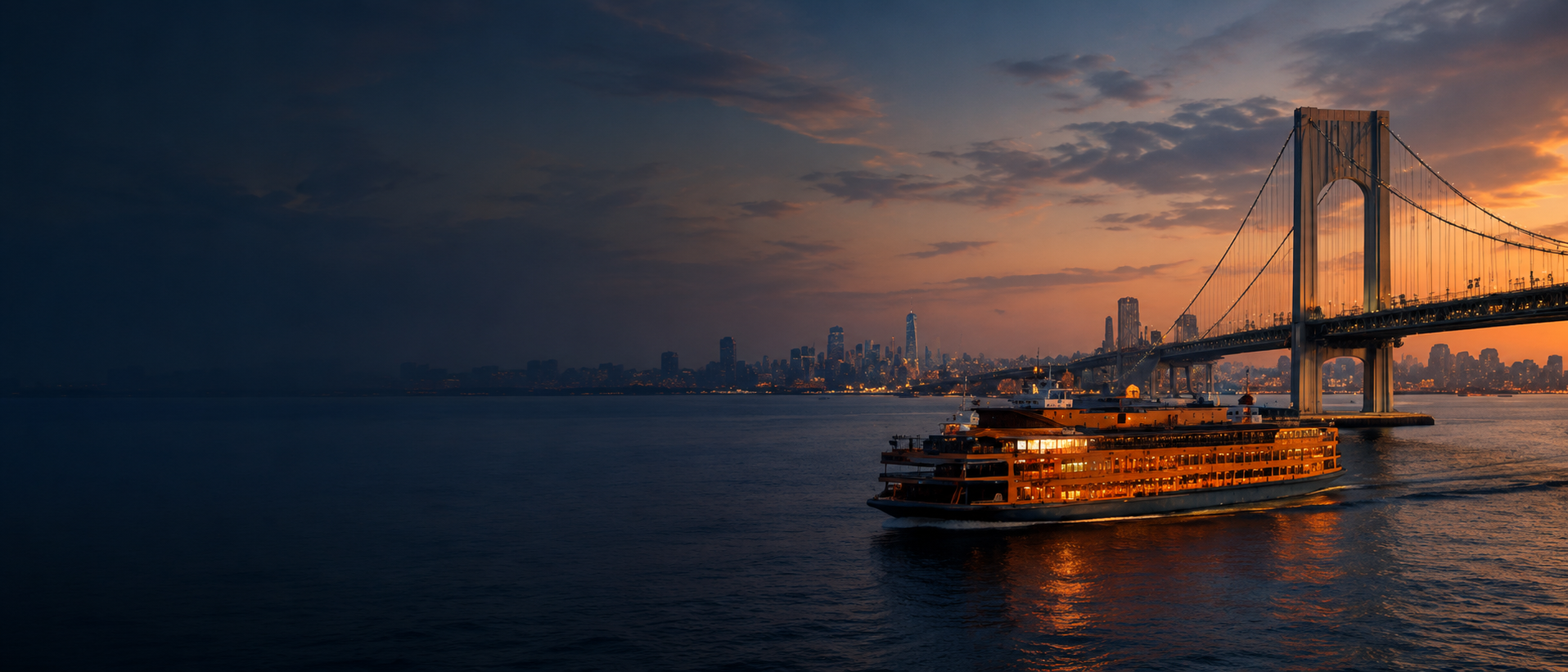 Staten Island Ferry crossing the harbor beneath the Verrazzano-Narrows Bridge at sunset with the NYC skyline in the distance